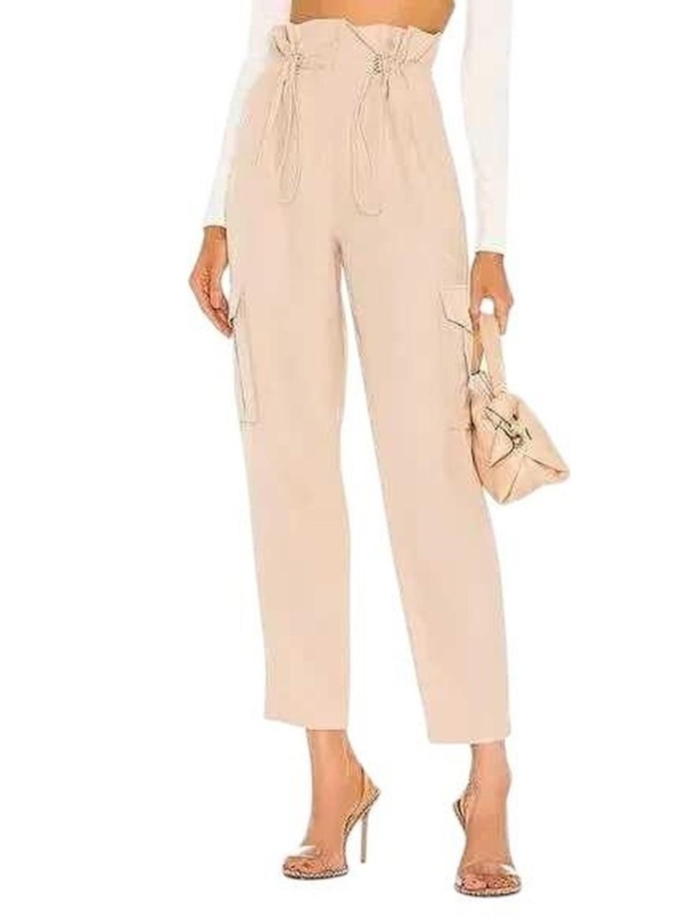 h:ours Beige Paperbag Cargo Ankle Pants